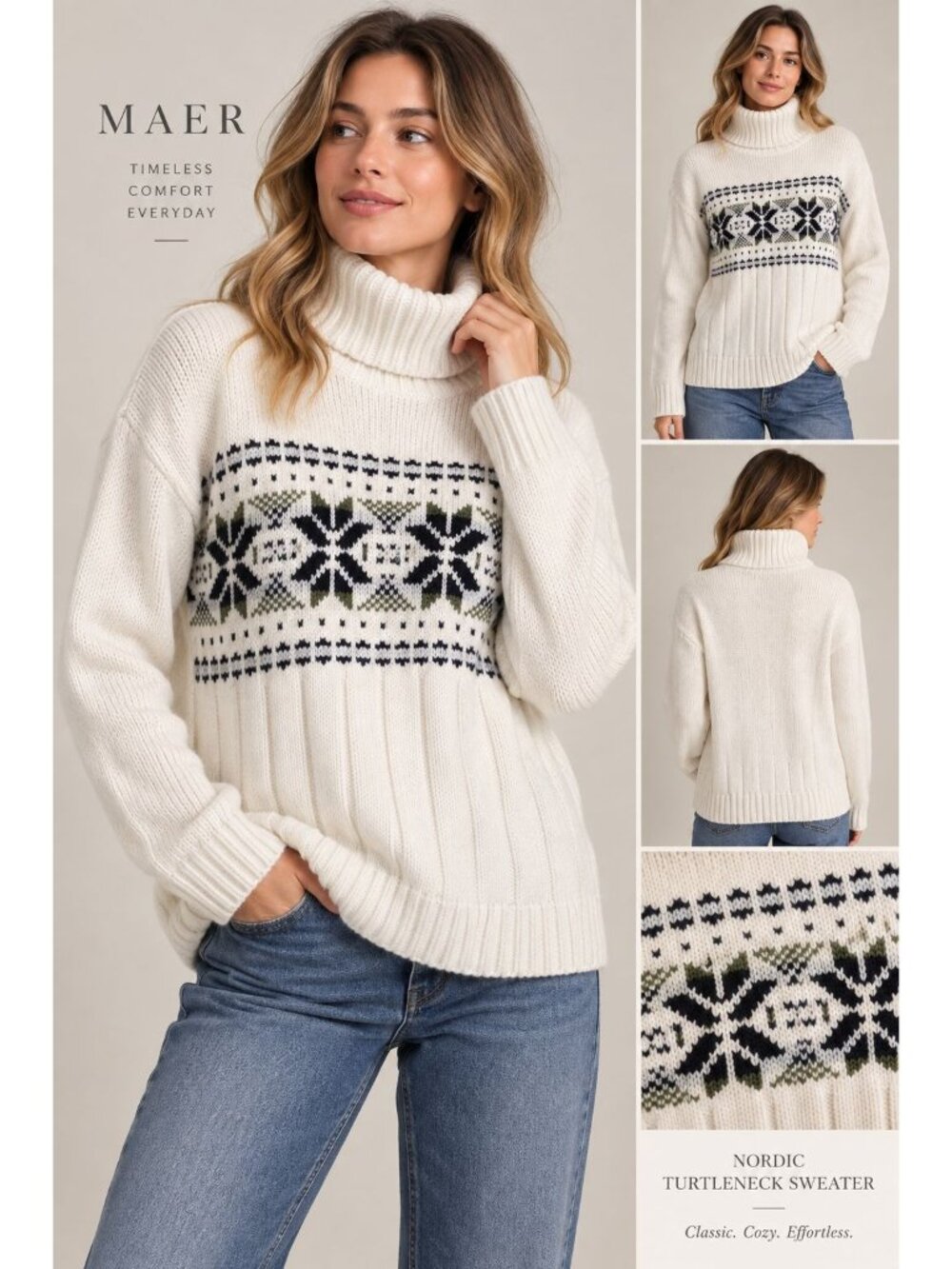 Maer white turtleneck sweater Nordic snowflake across the chest striking Size M